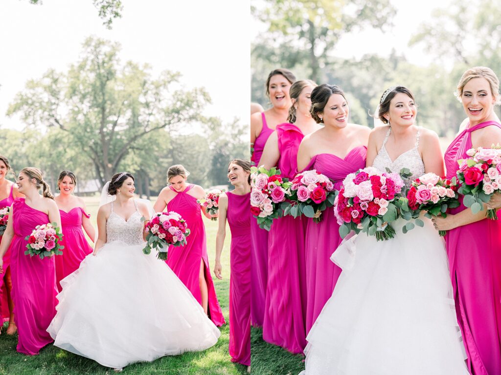 Bridesmaids in hot pink wedding dresses